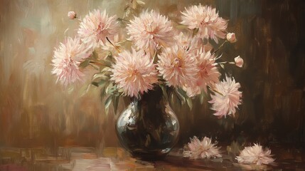 A beautiful arrangement of soft pink flowers in a dark vase, captured in a serene and artistic style.