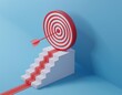 © imaginart - 3D red arrow hits the bullseye of a target sitting on top of a staircase