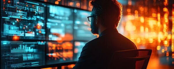Illustration - Software Developer Working Late, Data Analysis, Coding