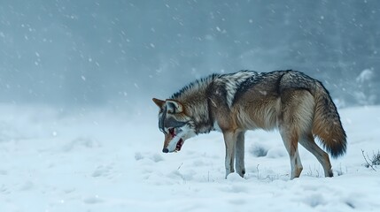  Starving Wolf Searching for Prey in Snow Covered Wilderness