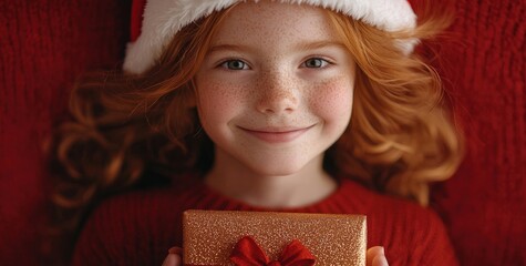 Smiling redhead girl in Santa hat holding a golden Christmas gift with red bow against festive red background Generative AI