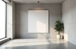© mlphoto - A spacious minimalist interior showcases a blank white canvas board against a concrete wall, complemented by a green indoor plant in a stylish pot, illuminated by sunlight.