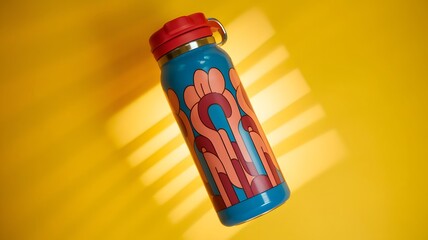 A colorful 70s thermos in a bold blue and red design, set on a bright yellow background.