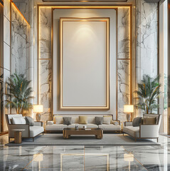 Fototapete - A mockup of a horizontal blank poster frame sitting inside a luxurious hotel lobby, beside the lobby.