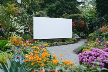 Wall Mural - White blank billboard displaying in lush colorful botanical garden