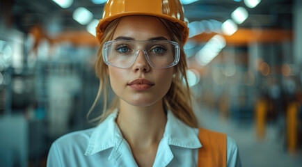 Aufkleber - Businesswoman working in a modern factory, high-tech manufacturing plant.