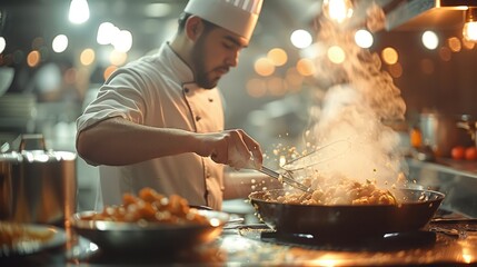 Poster - A chef cooking with a bokeh background.