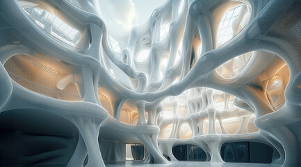 Leinwandbilder - A building with futuristic forms, some of the walls are made out of threads.