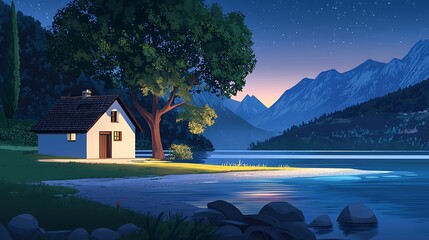 Wall Mural - Tranquil Cabin by the Lake Under a Starry Sky.