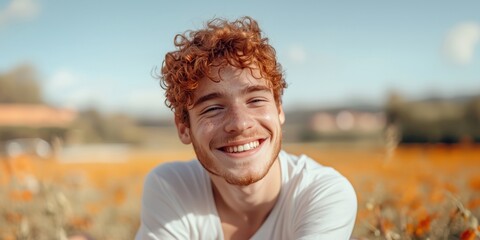 Wall Mural - Young man with curly red hair smiling warmly in a sunlit field of flowers, creating a cheerful and relaxed outdoor portrait with a natural, vibrant background.