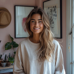 Wall Mural - A beautiful happy woman, standing in the living room, with hanging a poster on the wall.