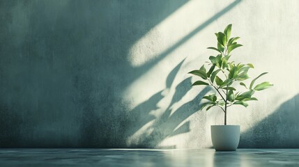 Canvas Print - A potted plant with green leaves stands in front of a textured teal wall with sunlight streaming through a window, casting shadows.