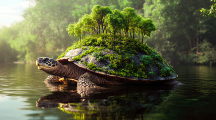 A big turtle carrying a green forest on its back.