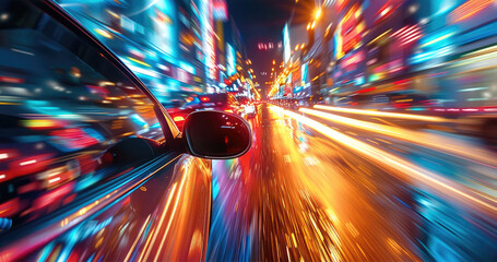 Poster - An engaging perspective from the side of a car driving through a vibrant city at night, with reflections of colorful lights creating a dreamy and dynamic atmosphere.
