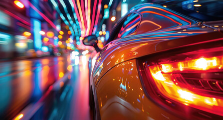 Poster - An engaging perspective from the side of a car driving through a vibrant city at night, with reflections of colorful lights creating a dreamy and dynamic atmosphere.