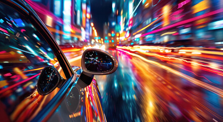 Poster - An engaging perspective from the side of a car driving through a vibrant city at night, with reflections of colorful lights creating a dreamy and dynamic atmosphere.