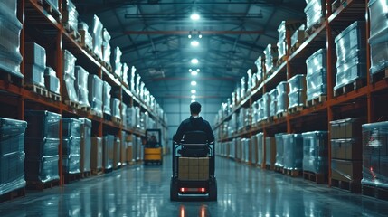 Aufkleber - A man driving a pallet truck left to right with boxes down an aisle in a modern warehouse.