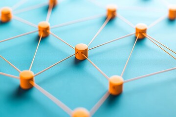 Wall Mural - a close-up view of an abstract network structure with orange nodes connected by lines against a turq