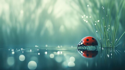 Poster - Ladybug Reflection in Dewy Morning