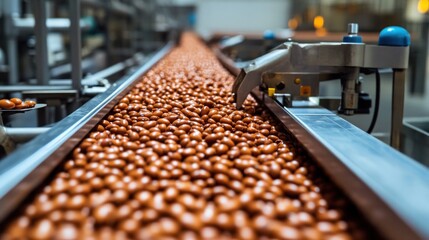 Wall Mural - Conveyor Belt of Roasted Almonds in a Food Processing Plant