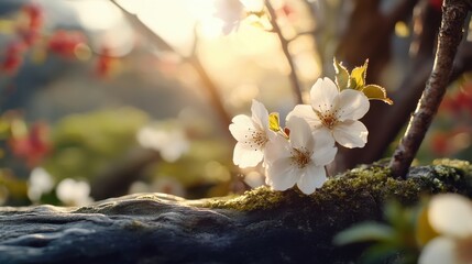 静かな春の庭の苔むした枝に咲く太陽の光に照らされた桜