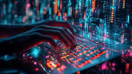 Poster - Hacker s Hands Rapidly Typing on Keyboard Neon Data Streams into Virtual Cityscape Symbolizing Digital Control and Cybersecurity Concept