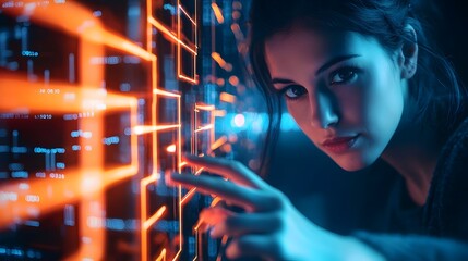 Wall Mural - Female Hacker Navigating Virtual Neon Maze Breaching Secure Systems