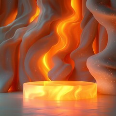 Wall Mural - abstract fiery background with illuminated cylindrical pedestal in vibrant orange hues