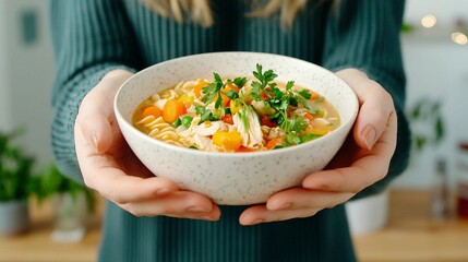 healthy vegetable noodle soup in rustic bowl