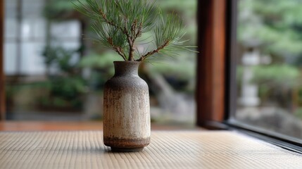 Wall Mural - 静かな和室の畳の上に松の枝が飾られたミニマリストな陶器の花瓶