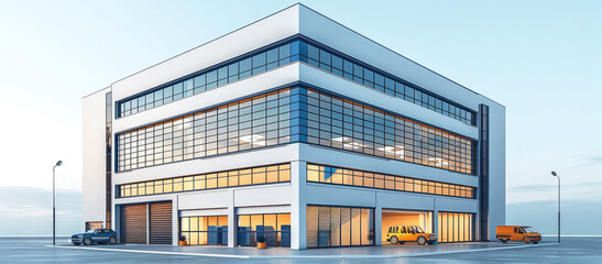 Poster - 2d illustration of a wide 3 story warehouse building with a parking garage, a few glass windows, white background.