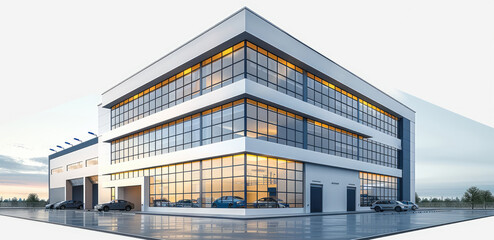 Poster - 2d illustration of a wide 3 story warehouse building with a parking garage, a few glass windows, white background.