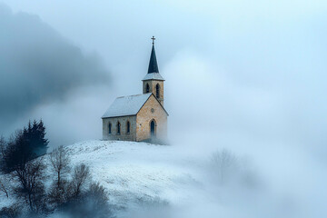 Snow-covered church stands secluded in foggy winter landscape