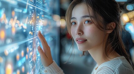 Fototapete - Woman in a futuristic environment, surrounded by curved screens, navigating an intuitive user interface.