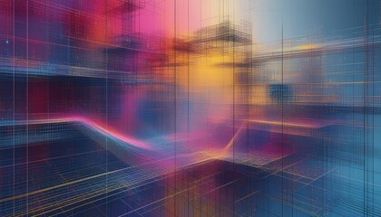 Abstract geometric network with vibrant colors and grid patterns in futuristic digital space.