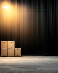Poster - A dimly lit warehouse setting featuring stacked cardboard boxes against a textured black wall, conveying a sense of storage and organization.