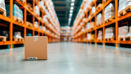 Poster - A cardboard box is centered in a spacious warehouse aisle lined with neatly stacked shelves of goods, illuminated by overhead lights.