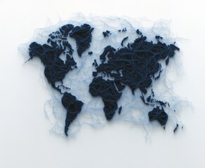Poster - A textured map of the world crafted from dark threads on a light, soft background, creating a unique artistic representation of global geography.