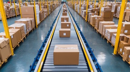 Poster - A conveyor belt moves boxes through a spacious warehouse, highlighting efficient logistics and organized inventory management.
