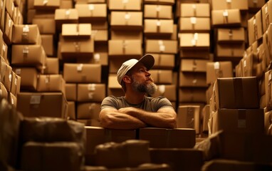 Poster - A thoughtful man surrounded by stacked cardboard boxes, contemplating the organized chaos of his storage space.