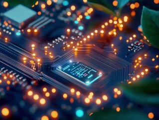 Leinwandbilder - A close-up view of a circuit board embedded with glowing lights and surrounded by green leaves, representing the fusion of technology and nature.