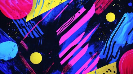 Wall Mural - Abstract background with bright colors and geometric shapes. The background is black with various vibrant colors like blue, pink, and yellow in different shapes and sizes. 