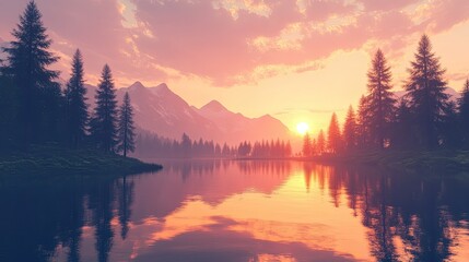 Poster - Serene Landscape at Sunset with Mountains and Reflections