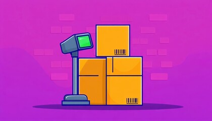 Poster - A digital illustration featuring stacked yellow boxes next to a weighing scale against a vibrant purple background.
