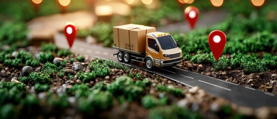 Poster - A miniature truck delivers goods on a winding road with location markers amidst greenery, representing logistics and navigation.