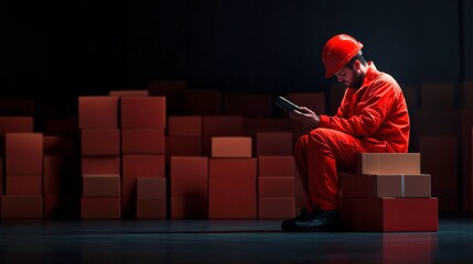Poster - A lone worker in an orange uniform examines a device while seated among stacks of red boxes in a dimly lit environment.