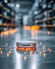 Poster - A robotic device with orange lights navigates a warehouse aisle, reflecting modern automation in logistics and storage environments.