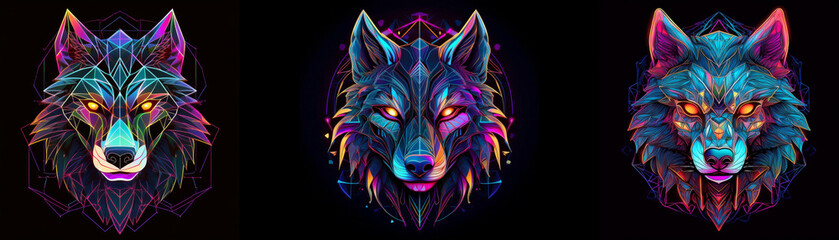  Three wolf heads with vibrant colors, geometric shapes, and neon glows on a black background.