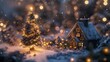 © Elshad Karimov - A quaint and cozy holiday setting, featuring a miniature Christmas tree adorned with twinkling lights, nestled amidst a pristine snowy backdrop.