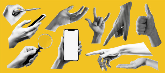 Wall Mural - set of hands gestures at the popart style and halftone effect on the bright yellow background. trend